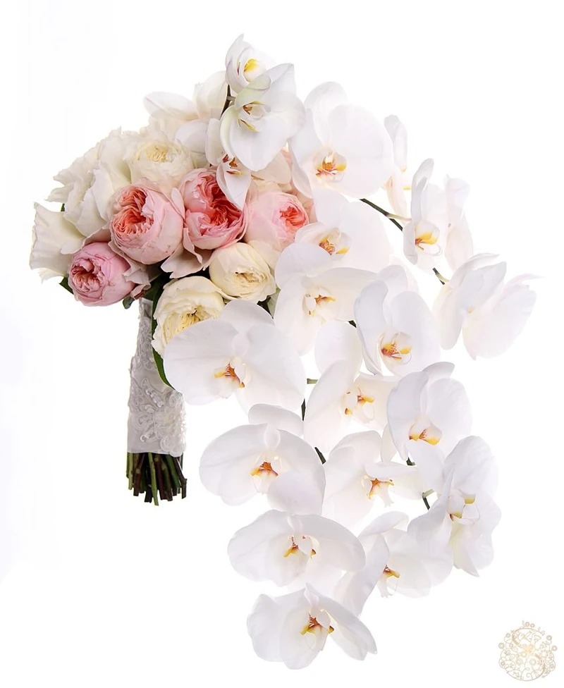 Long cascading orchid bouquet with blush garden roses