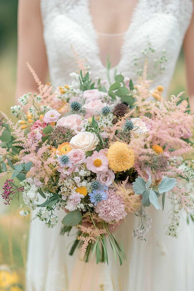 Bride holding a lush, abundant bouquet of pastel wildflowers