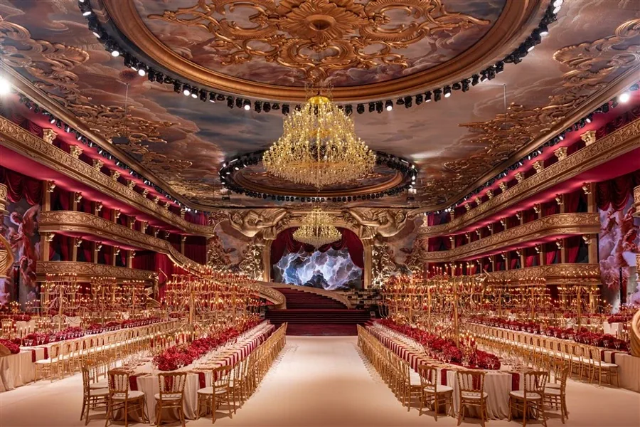 Magnificent Lebanese wedding ballroom with crystal chandeliers, gilded balconies and grand banquet tables