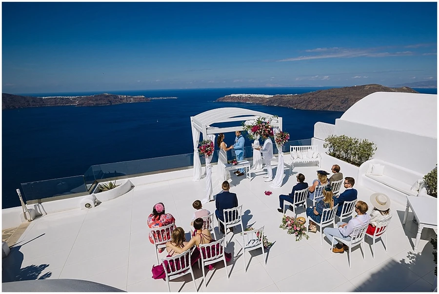 White destination wedding terrace over the Aegean Sea in Santorini