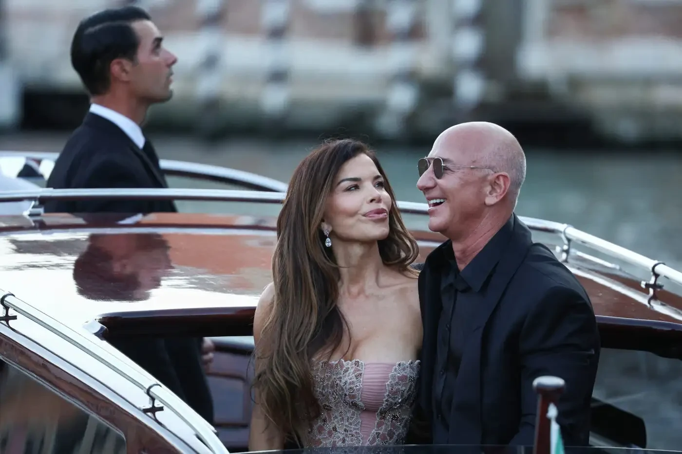 Lauren Sánchez and Jeff Bezos arriving by boat during their 2025 Venice wedding celebrations