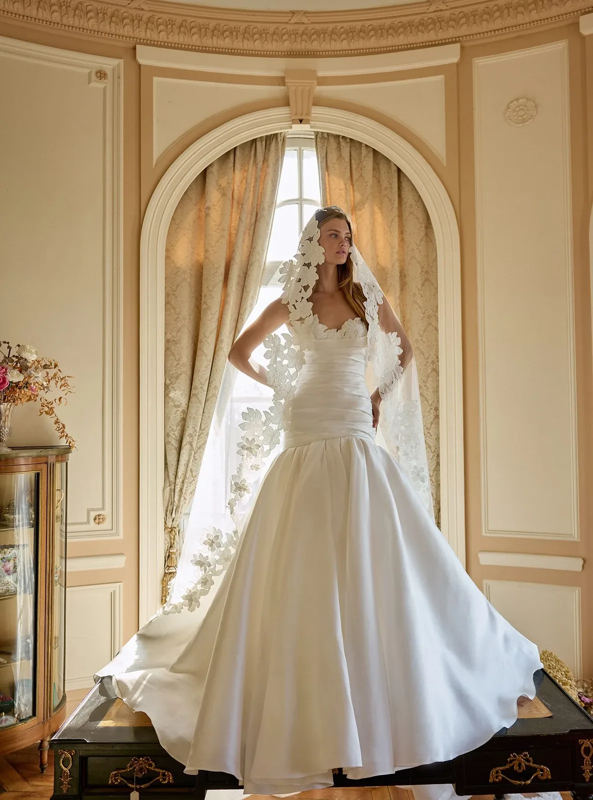 Sculptural bridal gown with floral veil from Berta Couture Spring Summer 2027