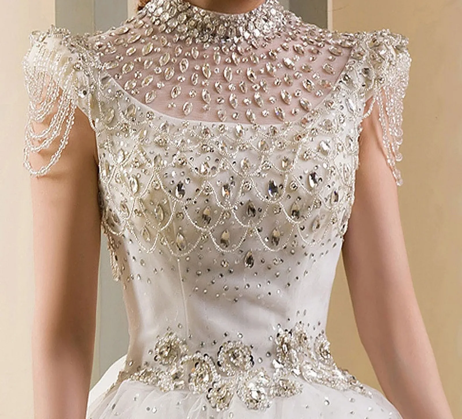 Close view of the diamond-encrusted bodice of the Diamond Wedding Gown