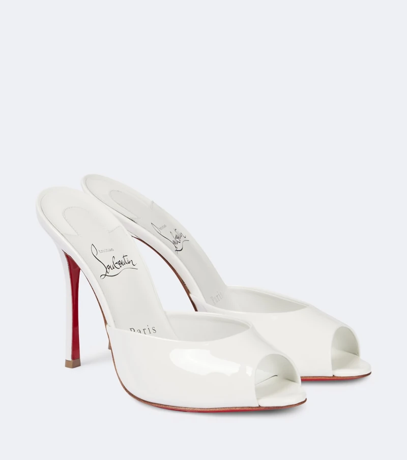 Christian Louboutin white patent bridal mules with red soles