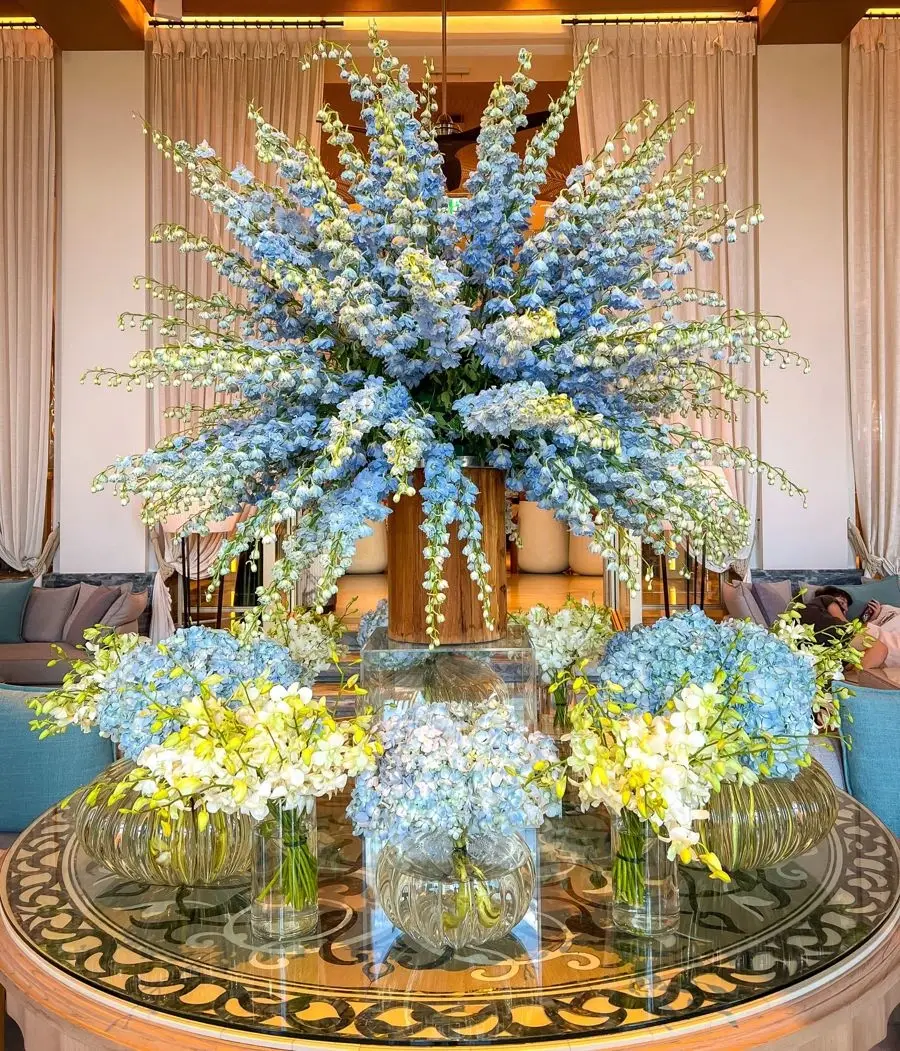 Blue floral installation in an elegant interior