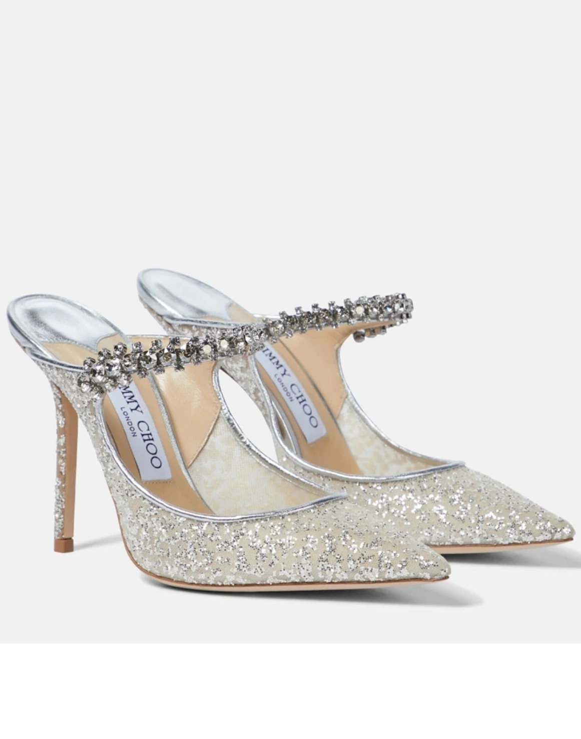 Jimmy Choo Bing 100 silver glitter tulle mules with a crystal strap