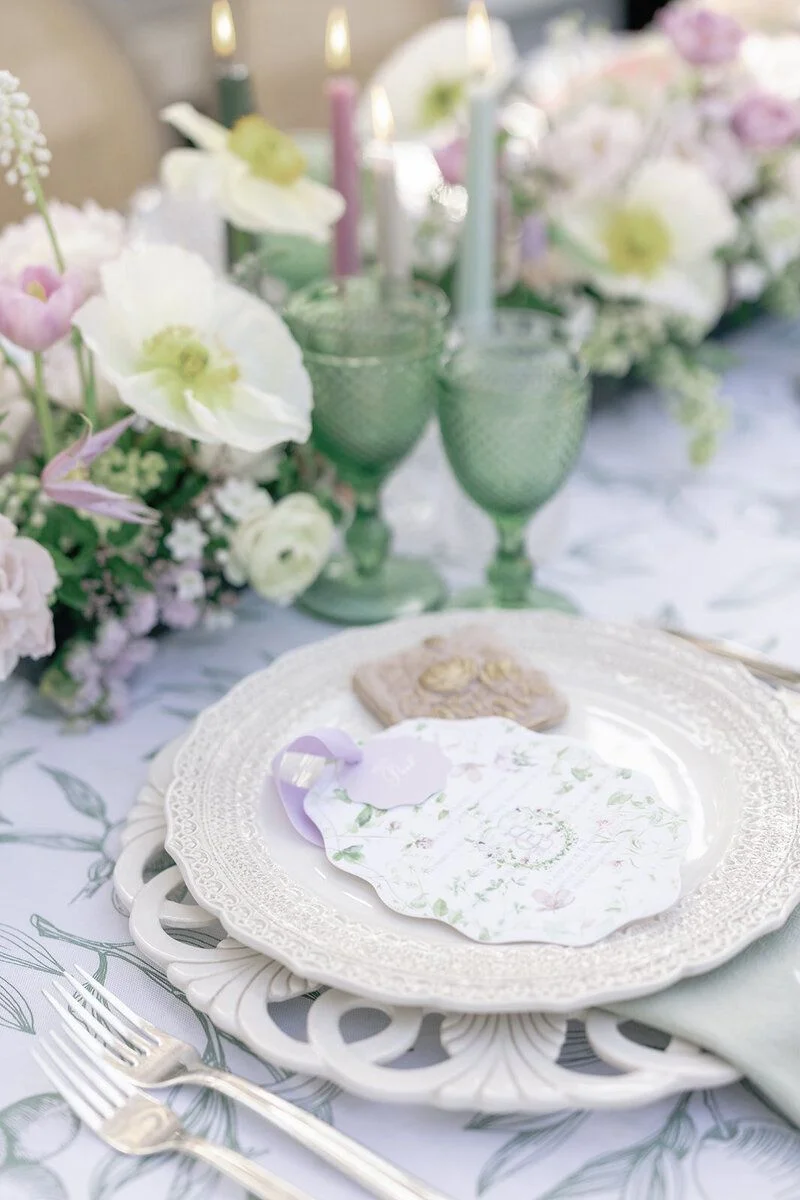 Wedding place setting in matcha green, soft pink and lilac